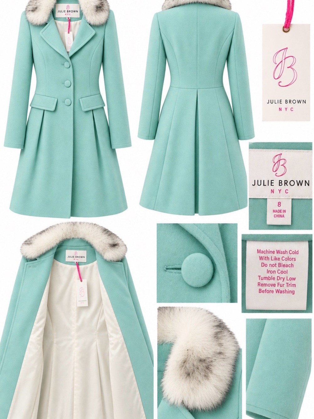 Julie Brown NYC Mint Green Wool Coat with Fur Trim